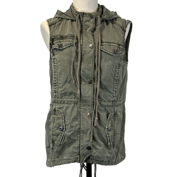 Marrakech Womens Small Olive Green Distressed Hooded Utility Vest Zip Snap Front - Picture 1 of 16